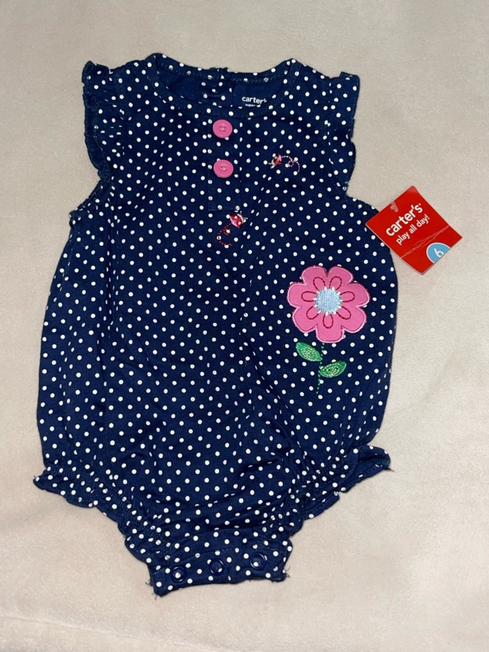 Carter's Navy Polka‎ Dot Baby Girls One-Piece with Pink Flower